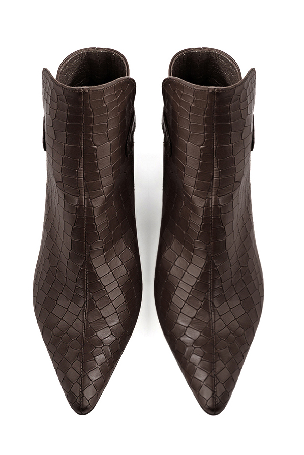 Dark brown women's ankle boots with buckles at the back. Tapered toe. Medium block heels. Top view - Florence KOOIJMAN